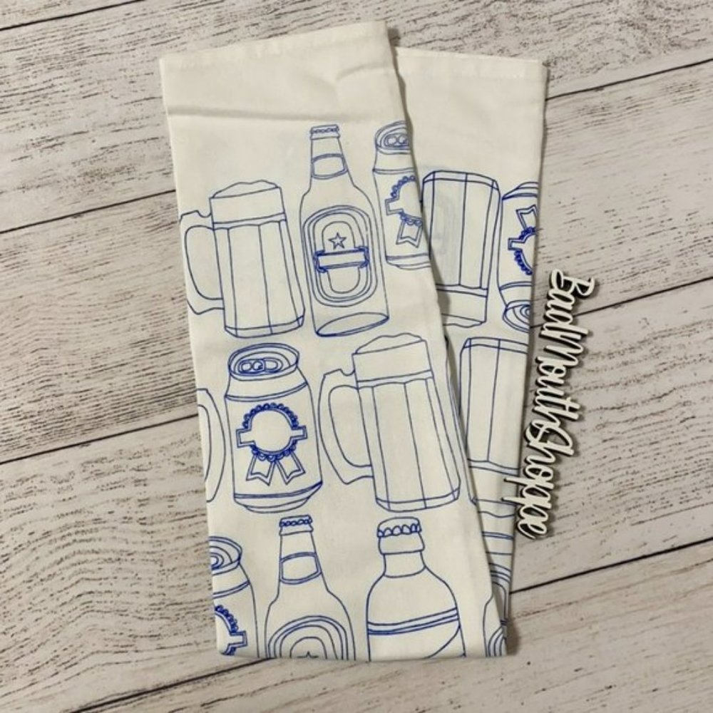 Screen Printed Beer Cans Bottles Artist Handmade Tea Kitchen Dish Towel